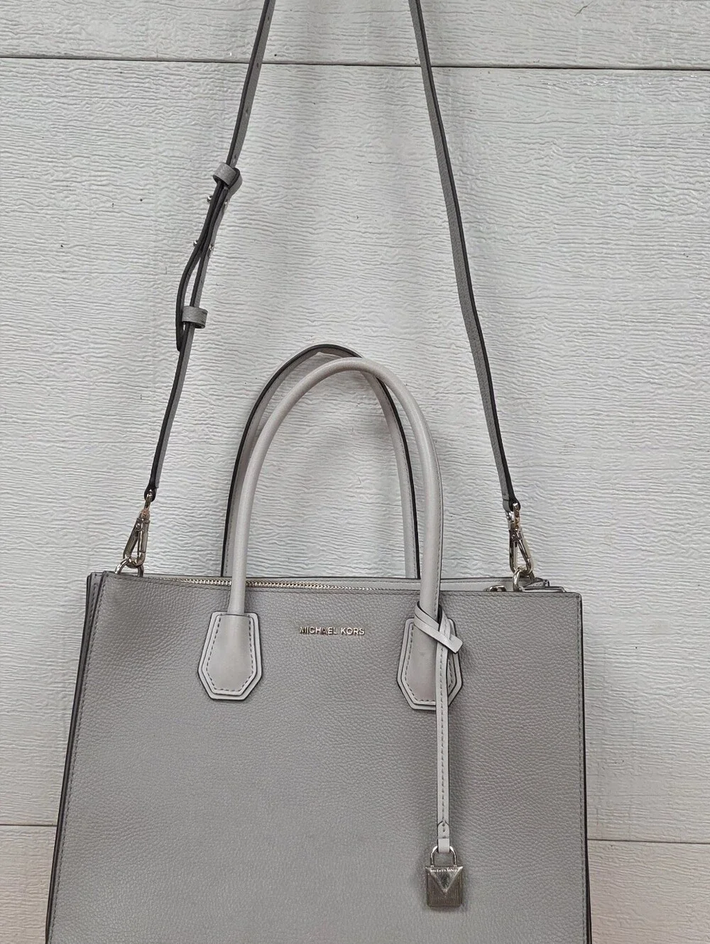 Michael Kors Light Gray Pebbled Leather Satchel with Shoulder Strap